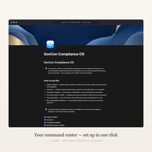 GovCon Notion Template, Federal Contracting CRM, Bid Pipeline, SAM & Set-Aside Compliance Tracker, Contractor Toolkit, Instant Download image 2