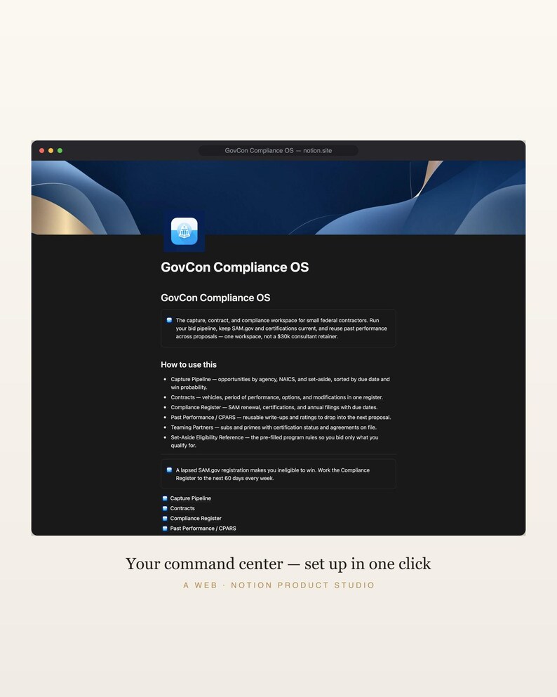 GovCon Notion Template, Federal Contracting CRM, Bid Pipeline, SAM & Set-Aside Compliance Tracker, Contractor Toolkit, Instant Download image 2