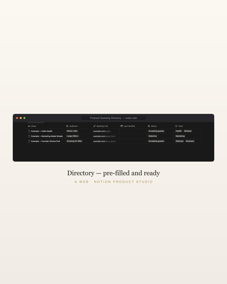 Podcast Guesting Notion Template, Directory of Shows That Want Guests, Guest Pitch Tracker and Templates, PR Toolkit, Instant Download image 3