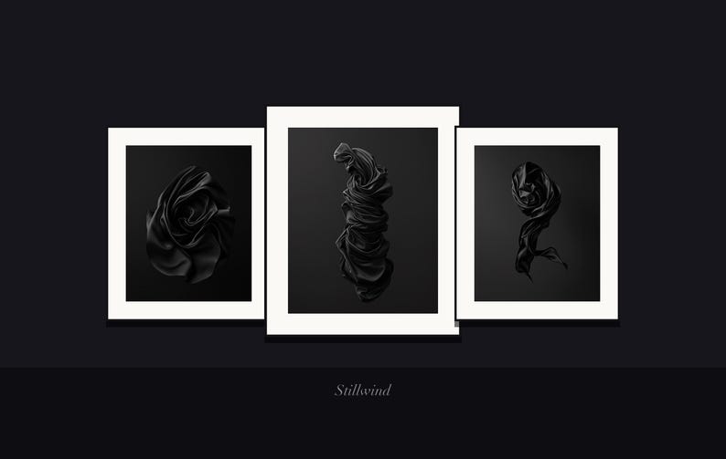 Zestaw 8 czarnych jedwabnych grafik ściennych Stillwind, rzeźbiarskie abstrakcyjne wydruki artystyczne, ciemna minimalistyczna monochromatyczna dekoracja, pobieranie cyfrowe zdjęcie 10