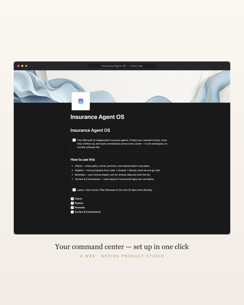CRM para agentes de seguros Notion, seguimiento de pólizas y renovaciones, gestor de clientes para agentes independientes, seguimiento de comisiones, descarga instantánea. imagen 2