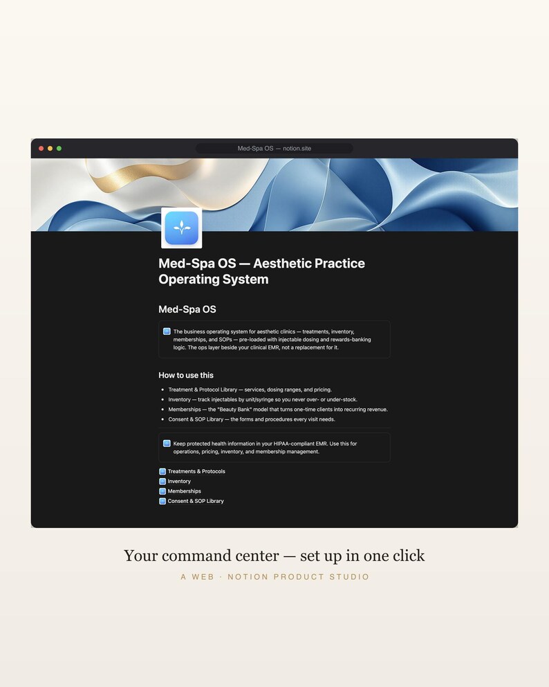 Med Spa Notion Template, Aesthetic Practice OS, Treatment Inventory and Membership Manager, Esthetician Business Planner, Instant Download image 2