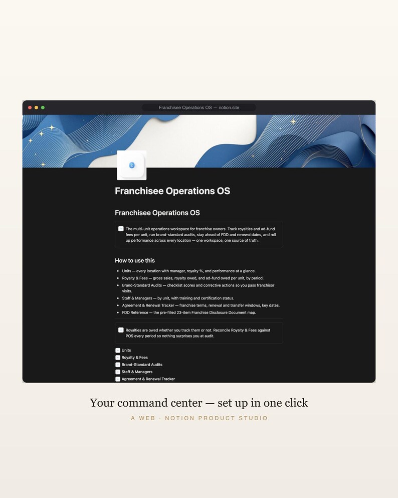 Franchisee Operations Notion Template, Multi-Unit Royalty & Fee Tracker, FDD and Brand-Standard Audit Toolkit, Franchise Owner, Download image 2
