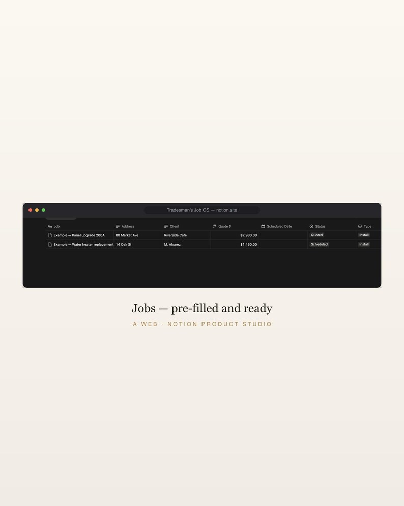 Contractor Notion Template, Tradesman Job & Quote Tracker, Subcontractor and Change-Order Log, Construction CRM, Instant Download image 3