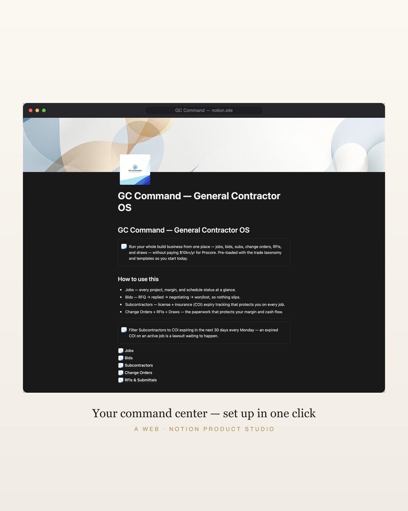 Plantilla de Notion para contratistas generales, GC Business OS, seguimiento de subcontratistas, licitaciones y órdenes de cambio, CRM para la construcción, descarga instantánea. imagen 2