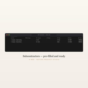 Plantilla de Notion para contratistas generales, GC Business OS, seguimiento de subcontratistas, licitaciones y órdenes de cambio, CRM para la construcción, descarga instantánea. imagen 5
