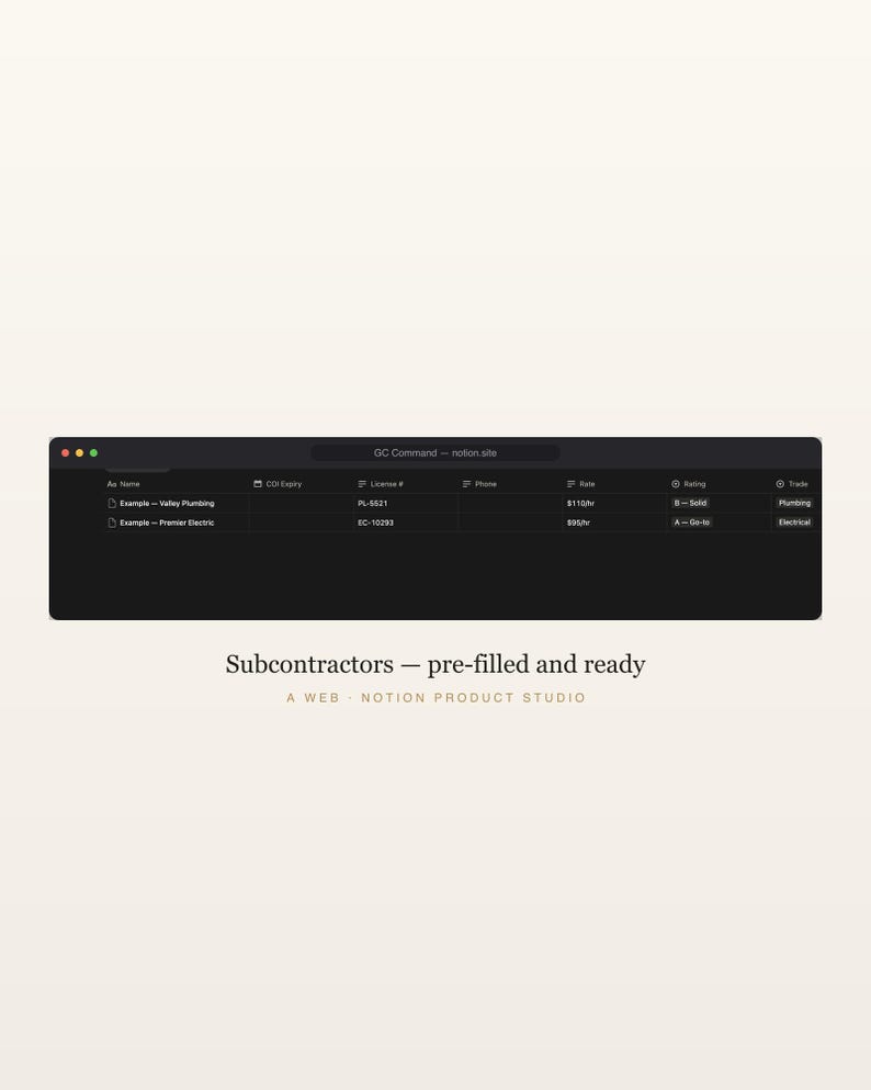 Plantilla de Notion para contratistas generales, GC Business OS, seguimiento de subcontratistas, licitaciones y órdenes de cambio, CRM para la construcción, descarga instantánea. imagen 5