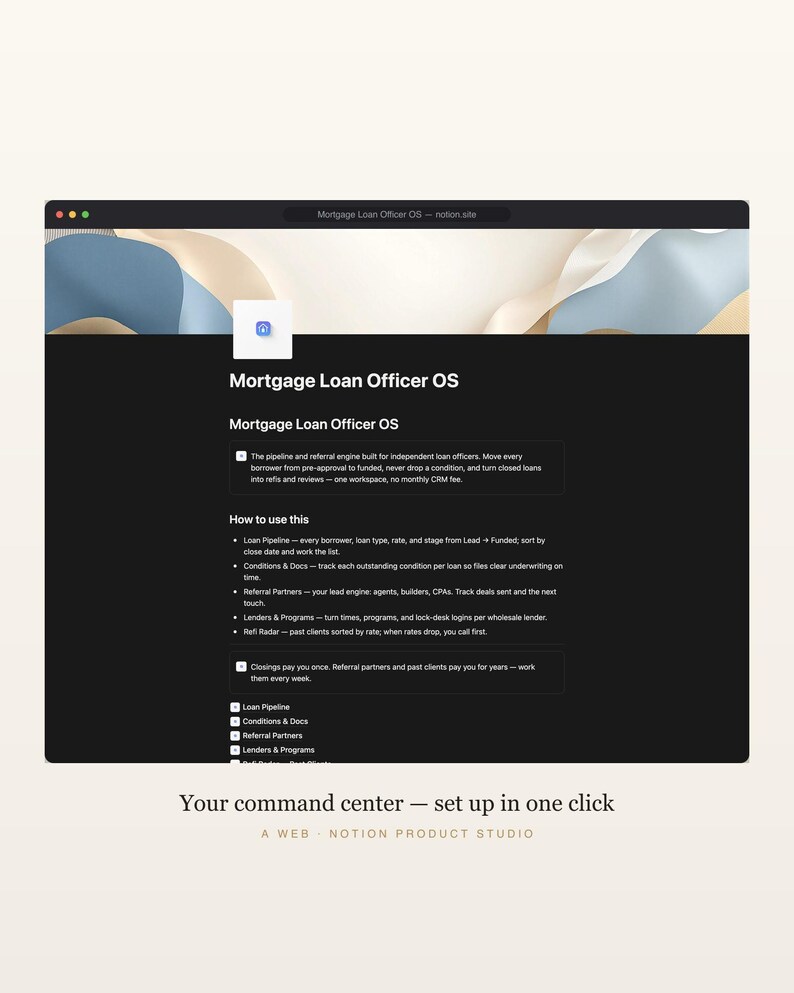 CRM Notion para agentes hipotecarios, seguimiento de cartera de préstamos y referencias, seguimiento de comisiones y refinanciaciones, kit de herramientas para originadores, descarga instantánea. imagen 2