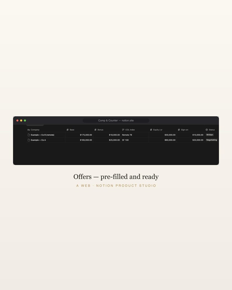 Salary Negotiation Notion Template, Job Offer and Counter-Offer Toolkit, Equity Calculator, Career Planner, Instant Download image 3