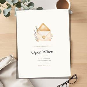 May include: A white rectangular card featuring a watercolor illustration of a tan envelope with a heart-shaped wax seal and floral accents. The text reads: A LETTER SET FOR SOMEONE YOU LOVE, Open When..., Ten letters written with love, sealed until the moment is right, PRINTABLE WRITE-IN EDITABLE.