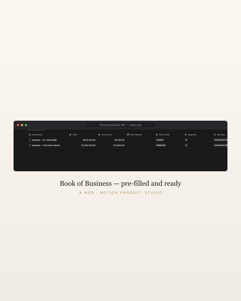 Notion crm, Kunden- und AUM-Tracker, RIA Meditationsplaner, Bewertungs- und Standard-Tracker, Adviser Toolkit, Sofort-Download Bild 3