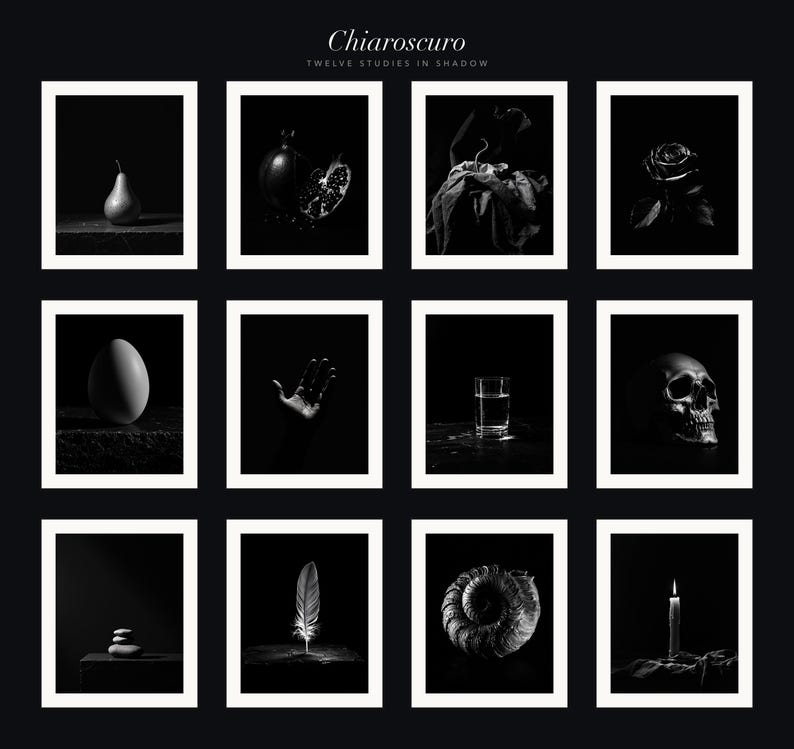 Chiaroscuro Still Life Wall Art Set of 12, Dark Moody Kitchen & Dining Prints, Old Master Black Fine Art, Digital Download image 10