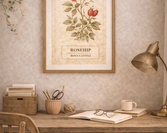Vintage Rosehip Botanical Print Antique Herbal Illustration Cottagecore Wall Art Instant Download