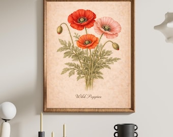 Wild Poppies Botanical Print | Vintage Wildflower Wall Art | Printable Cottagecore Decor