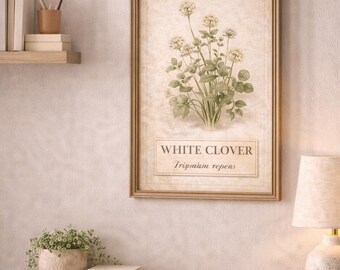 Vintage White Clover Botanical Print Antique Floral Illustration Cottagecore Wall Art Instant Download