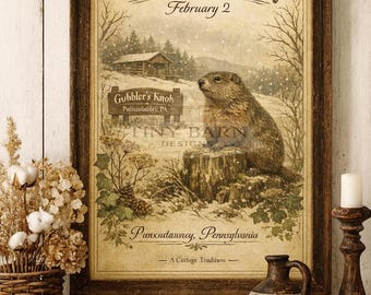 Vintage Groundhog Day printable inspired by Punxsutawney, PA. Cottagecore winter wall art featuring a classic groundhog illustration