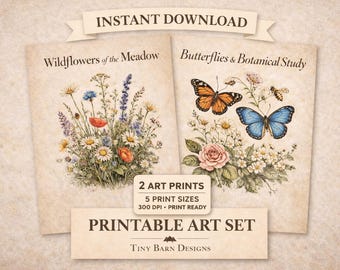 Vintage Botanical Wall Art Set of 2 | Wildflowers & Butterflies | Cottagecore Naturalist Prints | Digital Download