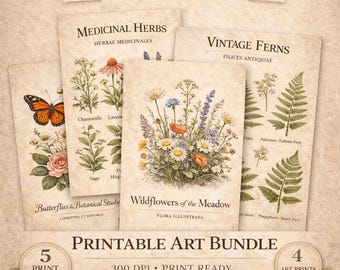 Vintage Botanical Prints Set | Wildflower, Herb, Fern, Butterfly (Digital Download)