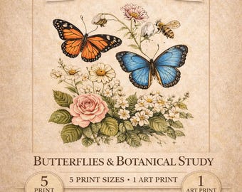 Vintage Botanical Wall Art Printable | Butterflies & Botanical Study | Antique Nature Illustration | Cottagecore Digital Download