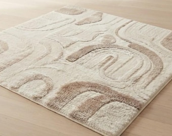 Hand Tufted Abstract Wool Area Rug Modern Neutral Geometric Plush Luxury Living Decor
