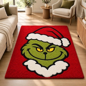 Alfombra del Grinch tejida a mano, alfombra navideña de lana, decoración para dormitorio infantil o sala de estar.