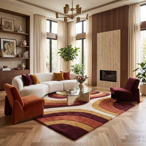 Könnte beinhalten: Ein Wohnzimmer mit einem geschwungenen cremefarbenen Sofa mit weinroten und senfgelben Kissen, einem Couchtisch mit Glasplatte, einem orangefarbenen Sessel, einem weinroten Sessel und einem großen Teppich mit konzentrischem Bogenmuster.