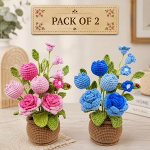 Könnte beinhalten: Ein 2er-Pack gehäkelte Blumenarrangements in braunen Töpfen. Ein Arrangement besteht aus rosa und hellrosa Blumen mit grünen Blättern und einem kleinen Marienkäfer. Das andere besteht aus blauen und hellblauen Blumen mit grünen Blättern.