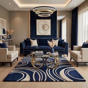 Könnte beinhalten: Ein Wohnzimmer mit einem marineblauen Sofa mit beigen Kissen, zwei beigen Sesseln und einem Glastisch mit gold- und marineblauen kreisförmigen Füßen. Ein marineblauer und beiger Teppich mit Kreismuster liegt auf einem hellen Holzboden.