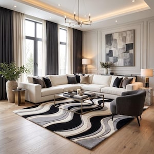 Abstract Wave Area Rug, Wavy Pattern, Black White Grey Wool, Modern Tufted Shag, Living Room Bedroom Decor Rug