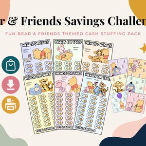 Puede incluir: Una colección de tarjetas Bear & Friends Savings Challenges con personajes de dibujos animados. Las tarjetas incluyen juegos de Heads or Tails con iconos de monedas y rastreadores numerados para ahorro de efectivo, con ilustraciones.