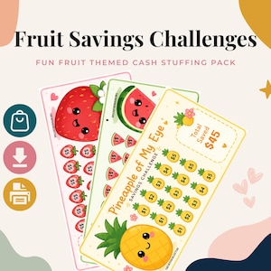 May include: Three rectangular savings challenge trackers featuring fruit illustrations. One card shows strawberries with $5 labels, one shows watermelon slices with $1 and $5 labels, and one shows a pineapple with $1 to $5 labels and text reading Pineapple of My Eye.
