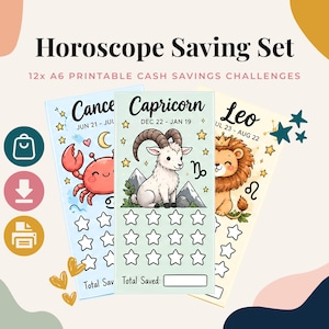 Pode incluir: Um conjunto de poupança do horóscopo com 12 desafios de poupança em dinheiro imprimíveis em formato A6. Os cartões exibem ilustrações dos signos do zodíaco Caranguejo, Capricórnio e Leão com estrelas, luas e montanhas.