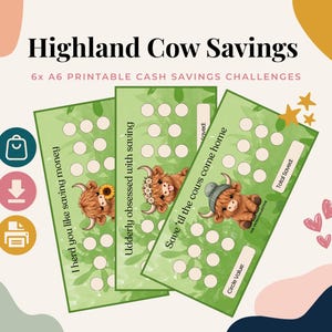 Puede incluir: Tres rastreadores de desafíos de ahorro en efectivo imprimibles en formato A6 con ilustraciones de vacas Highland. Cada tarjeta incluye espacios circulares para seguir el progreso, con el texto Highland Cow Savings, I herd you like saving money, Udderly obsessed with saving y Save 'til the cows come home.
