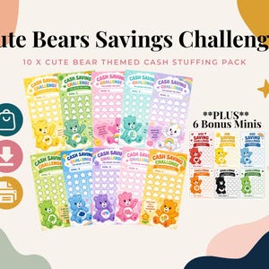 Op de afbeelding: Een set van 10 spaarchallenge-trackers en 6 bonus mini-trackers met kleurrijke berenillustraties, hart- en sterpictogrammen voor het bijhouden van de voortgang, en de tekst "Cash Saving Challenge" op elke kaart gedrukt.