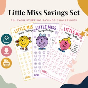 May include: Three rectangular savings challenge trackers titled Little Miss Savings Challenge. The yellow card features a character with pigtails and stars, the purple card has a character with a bow and flowers, and the pink card has a crowned character and hearts.