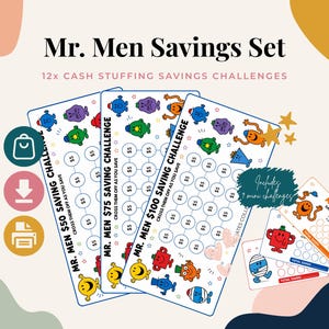 Könnte beinhalten: Ein Mr. Men Spar-Set mit 12 Cash-Stuffing-Spar-Challenges. Das Set enthält drei hohe Karten mit der Aufschrift $50, $75 und $100, jeweils mit kreisförmigen $5-Symbolen und bunten Charakter-Illustrationen sowie kleineren Mini-Challenge-Karten.