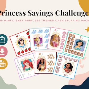 Peut inclure: Princess Savings Challenges 18 mini pack de remplissage d'argent sur le thème des princesses Disney. Six cartes carrées illustrant Blanche-Neige, Cendrillon, Aurore, Jasmine, Ariel, Pocahontas et Moana avec des icônes comme des pommes et des tigres.