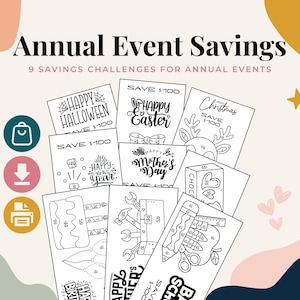 May include: A collection of nine printable savings challenge sheets featuring black and white line art designs for various annual events. The text includes Annual Event Savings, 9 Savings Challenges for Annual Events, and specific holiday titles like Happy Halloween, Happy Easter, Merry Christmas, Happy New Year, Mother's Day, and Back to School.