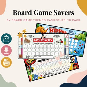 May include: A set of nine board game themed cash stuffing challenge trackers featuring Monopoly, Hungry Hippos, and Uno designs. Each rectangular card includes game-specific graphics, empty circles or squares for tracking savings, and a total saved line.
