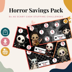 May include: Horror Savings Pack featuring 8x A6 scary cash stuffing challenges. The cards display cartoon-style horror characters including Jack Skellington, Leatherface, Wednesday Addams, Billy the Puppet, and Beetlejuice with numbered circles.