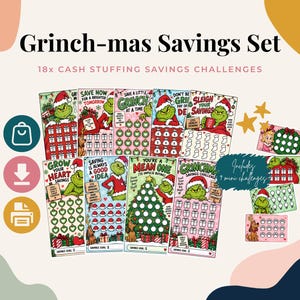 May include: A Grinch-mas Savings Set featuring 18 cash stuffing savings challenge cards with festive illustrations of the Grinch and Max the dog. The cards include various tracking grids, checkboxes, and holiday-themed text like Sleigh Your Savings.