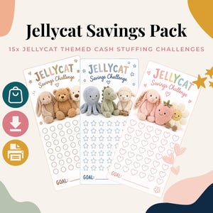 Puede incluir: Un paquete de ahorro Jellycat con 15 desafíos de ahorro temáticos. Tres tarjetas verticales muestran peluches, incluyendo conejos, osos, un pulpo, un dinosaurio y una fresa, con círculos, estrellas y corazones para marcar los objetivos de ahorro.
