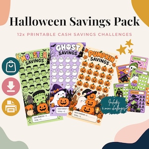 May include: A Halloween Savings Pack featuring 12 printable cash savings challenges. The set includes three tall cards labelled Monster Savings, Ghost Savings, and Pumpkin Savings, alongside six smaller mini challenge cards with various Halloween graphics.