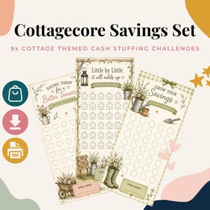 Puede incluir: Tres rastreadores de desafíos de ahorro rectangulares con ilustraciones de artículos de jardín como regaderas, botas y flores. El texto incluye Cottagecore Savings Set, 9x Cottage Themed Cash Stuffing Challenges, Saving Today for a Better Tomorrow, Little by Little it all adds up y Grow Your Savings.