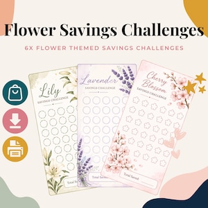 Puede incluir: Tres tarjetas rectangulares de desafío de ahorro con diseños florales etiquetadas como Lily, Lavender y Cherry Blossom. Cada tarjeta incluye filas de círculos o flores vacías para seguir el progreso y un espacio abajo con el texto Total Saved.