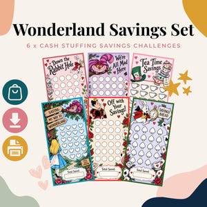 May include: A Wonderland Savings Set featuring six cash stuffing savings challenge cards with illustrations of characters and themes from Alice in Wonderland, including text like Down the Rabbit Hole, We're All Mad Here, and Off with Your Savings.