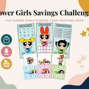 Könnte beinhalten: Ein Power Girls Spar-Challenge-Set mit drei vertikalen Karten mit der Aufschrift Super Saver, Roll & Save und Shut The Box sowie drei kleineren quadratischen Karten, die alle mit Zeichentrickfiguren und Rastern bedruckt sind.