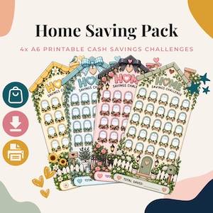 Puede incluir: Cuatro rastreadores de ahorro de efectivo imprimibles en formato A6 con forma de casas. Cada casa presenta ventanas, detalles florales y el texto Home Savings Challenge. Los diseños incluyen esquemas de color amarillo, azul, rosa y verde.