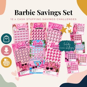 May include: A Barbie Savings Set featuring 12 cash stuffing savings challenges. The collection includes various pink-themed paper trackers with icons like bows, high heels, cocktails, hearts, and Barbie silhouettes, plus 6 mini challenges.
