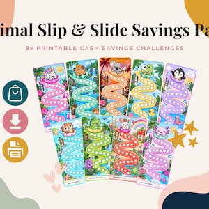Può includere: Nove carte sfida di risparmio stampabili intitolate Animal Slip & Slide Savings Pack. Ogni carta rettangolare presenta un colorato animale dei cartoni animati in un salvagente su un percorso tortuoso con spazi vuoti per tracciare i risparmi.